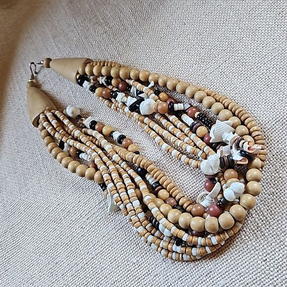 22" Boho Natural Wood Bead and Shell Multistrand Necklace - Picture 5 of 8